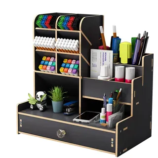 KONAMO Schreibtisch Organizer aus Holz,Große Kapazität,Stiftehalter Schreibtisch,Stiftehalter Organizer,Büro Organizer Aufbewahrungsbox Mit Organizer Schublade,für Büro,Schulbedarf etc. (Schwarz-1)