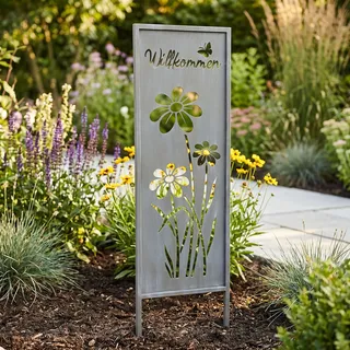 Gartenstecker Willkommen H83cm Stele Grau Betonoptik Gartenschild Schmetterling Garten-Deko Gartenstecker Gartenstele Blume - Grau