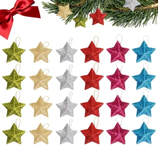 JURENEE 24 Stück Farbig Stern Weihnachtsbaum, PP Material Dreidimensionale Christbaumschmuck Sterne, Glitzernde Sterne Weihnachten Deko, Weihnachtssterne, Geeignet zum Aufhängen an Tannenbaum (Farbig)