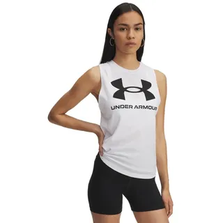 Under Armour Damen Logo Tank, superweiches Sport Tank Top aus Baumwollmix, Komfortables Damen Sporttop,White / / Black,XS