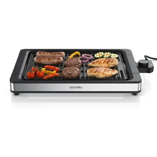 Arendo Tischgrill, Elektrogrill, Balkongrill, elektrisch, Spritzschutz, 1800 W, Antihaftbeschichtung, stufenlose Temperaturregelung, für Balkon, Garten & Indoor - Schwarz, Silber