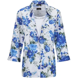 Klassische Bluse GOLDNER "Hemdbluse mit Spitzenshirt", Damen, Gr. 44, blau (blau, weiß, geblümt), Obermaterial: 100% Polyester PES., gerade, Blusen Klassische Bluse, Spitzeneinsatz