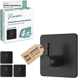 virea Selbst-Klebende Wandhaken ohne Bohren 4er Set in Schwarz - Wasserfeste Klebehaken aus Edelstahl - Starke Klebekraft bis 8 kg - Haken für Bad & Küche etc. - Bademantelhaken Handtuchhaken