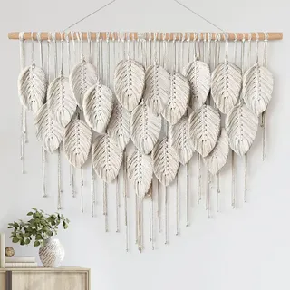LOMOHOO Makramee Wandbehang Boho Beige Blätter Tapisserie Böhmische Handgemachte Gewebte Wandkunst Dekoration für Schlafzimmer Wohnzimmer Wohnung Wohnheim Galerie Perfekte Handgemachte Geschenkideen