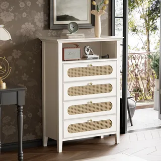 MODFU Kommode Sideboard mit 4 Rattan Schubladen, Schrank Nachttisch für Wohnzimmer, Schlafzimmer, Kinderzimmer, Jugendzimmer und Büro, Weiß - Weiß