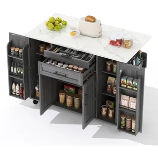 Oxeza Kücheninsel 136/70/92 cm Grau mit 2 Schubladen, verstellbare Einlegeböden, Gewürzregal und Handtuchhalter , Holz , Mode , Küche mit Insel,Rechteckig , 136x92x70 cm , Küchen, Küchenmöbel, Kücheninseln