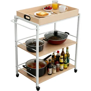 Relaxdays Servierwagen mit abnehmbarem Tablett, 3 Etagen, HxBxT: 88 x 70 x 40 cm, Küchenwagen skandinavisch, natur/weiß