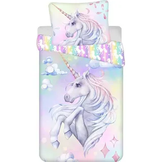 Jerry Fabrics Unicorn Bettbezug - Einzel - 140 x 200 cm und Kissenbezug 70 x 90 cm Pastell Regenbogen