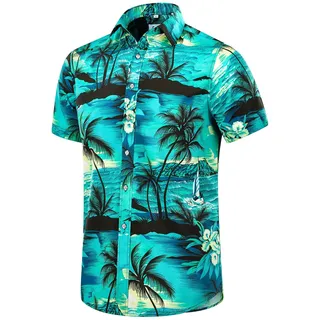 EUOW Hawaiihemd Herren Kurzarm Bedruckt Button Down Sommer Strandkleid Hemden, Multicolor-Blau, XX-Large