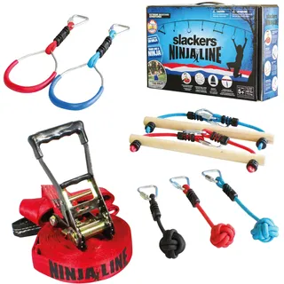 Slackers Ninja Line Starter Set – Outdoor Hangelparcours & Slackline für Kinder ab 5 Jahren – Komplettset mit 11 m Slackline, 7 Hindernissen, Ratsche & Tragetasche – Ninja-Spielspaß im Garten
