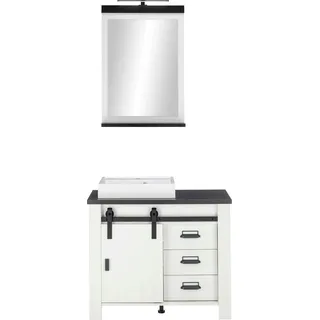 Badmöbel-Set HOME AFFAIRE "SHERWOOD, Bad im modernen Design, 2-teiliges Badezimmer", weiß (pinie weiß dekor), B:95cm H:210cm T:43cm, Holzwerkstoff, Kastenmöbel-Sets, Badmöbel-Set, in 2 Farben verfügbar, Scheunentorbeschlag & Apothekergriff aus Metall