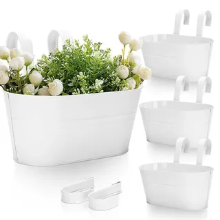 KINGLAKE 4 Stück 27CM Blumentöpfe zum Aufhängen Hängend,Weiß Blumentopf Metall,Große Hängetopf mit Abnehmbarem Haken und Loch, für Balkon, Zäune, Fenster, Geländer-27X 22X 12cm