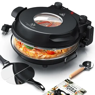 KESSER® Pizza-Ofen elektrisch bis 400 Grad | Elektrischer Pizzabäcker 1200W mit feuerfester Steinplatte & Timer Durchmesser 32cm | 5 Heizstufen & Sichtfenster | inkl. Pizzaschneider & Rezeptbuch - Schwarz