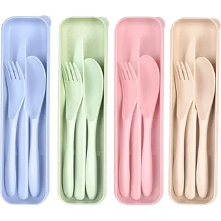 Reisebesteck Set mit Etui tragbares Besteckset Messer-Set und Gabeln aus Kunststoff wiederverwendbar für Picknick und Camping auf Reisen (4 Farben)