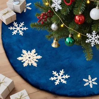 Lanpn 150cm Bestickt Weihnachtsbaum Decke Christbaumdecke, Samt Schneeflocken Rund Tannenbaum Decke Unterlage Teppich, Weihnachtsbaumdecke für Christbaumschmuck Weihnachtsdeko (Blau, 150 cm)