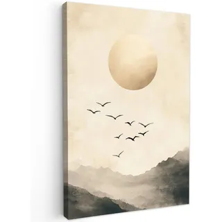 MuchoWow Leinwandbild Landschaft - Japandi - Vogel Wanddeko Schlafzimmer 60x90 cm , Beige , Textil , Kiefer , Abstrakt , Rechteckig , 60x90 cm , FSC 100% , gerahmt , Bilder & Rahmen, Bilder, Leinwandbilder