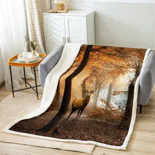 Hirsch Decke 150x200cm Wald Flanell Fleecedecke Braun Elch Kuscheldecke Natur Wald Tier Motiv Wohndecke Hirsch Muster Decke Atmungsaktives Leichtgewicht Mikrofaser für Kinder Erwachsene Dekorativ