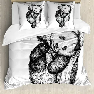 ABAKUHAUS Tier Bettbezug, Kleiner Panda-Bär, Milbensicher Allergiker geeignet mit Kissenbezügen, 155 cm x 220 cm - 80 x 80 cm, Schwarz und weiß - Schwarz