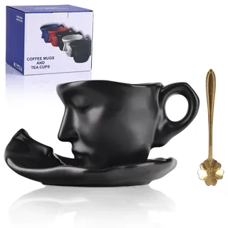 oliruim Teetasse und Untertasse Set Keramik Küssendes Paar Kaffeetasse Set Mit Löffel Gesicht Kaffeetasse Einzigartige Teetasse und Untertasse Valentinstag Weihnachten Kreatives Geschenk