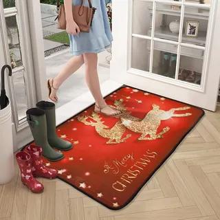 Aohcae Fußmatte Weihnachten 40 x 60CM Weihnachtsteppich Matten, rutschfest Fussmatte Aussen Weihnachten Fußmatten Waschbar Weihnachts Fußmatte für Haustür & Eingangsbereich Schlafzimmer Flur (Hirsch)