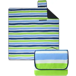 wometo eco-line nachhaltige Picknickdecke wasserdicht 200x200 100% recyceltes Fleece XXL Outdoor Gesteppte Campingdecke Stranddecke Streifen blau hellblau grün isoliert waschbar