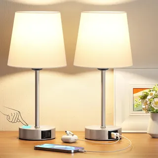 PreeOtti Nachttischlampe Touch Dimmbar 2er Set, Tischlampe mit Ladefunktion USB A+C-Anschlüssen 2 LED Birnen, Weiß-Lampenschirm, Kleine Lampe für Nachttisch Schlafzimmer Wohnzimmer Babyzimmer Büro
