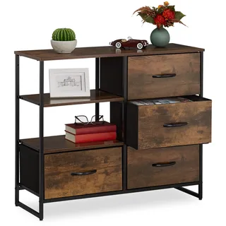 Relaxdays Kommode Industrial, HBT: 71,5 x 32,5 cm, Stoff, Metall, Holzoptik, 4 Schubladen, Sideboard, braun/schwarz