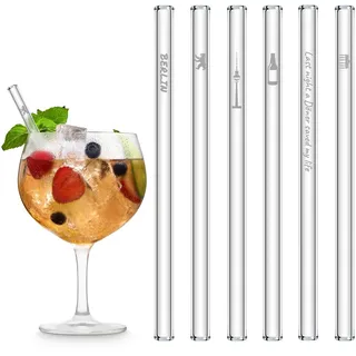 HALM Glas-Strohhalme - Berlin Edition mit Gravur - 6 Stück gerade 15 cm - Berlin Souvenirs - Geschenkartikel - Wiederverwendbare Glas-Trinkhalme - inkl. plastikfreie Reinigungsbürste - Glasstrohalme