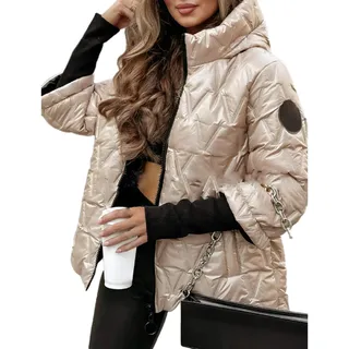 Avanise Patchwork-Baumwolljacke Mit Kapuze Für Damen, Winter-Steppjacke Mit Stehkragen Und Reißverschluss Für Damen, Leichter, Lässiger Anorak-Mantel Mit Kapuze (Champagner,M)