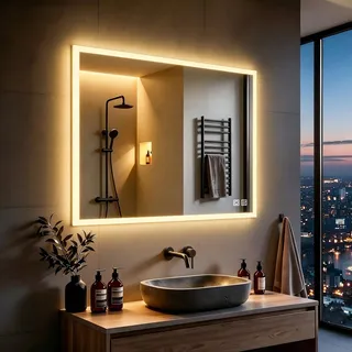 MIQU LED Badspiegel mit Beleuchtung 80x60 cm Badezimmerspiegel, Bad Groß Spiegel mit Touch Dimmbar Warm/Weiß Licht Beschlagfrei Wandspiegel für Badezimmer, WC, Flur Ecken Rechteck B