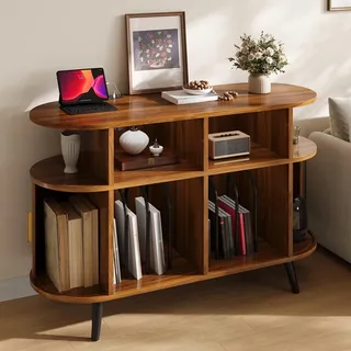 MODFU Plattenschrank mit Schallplattenaufbewahrung, Sideboard mit Riffel-Schiebetüren, Beistellschrank mit Kabeldurchlässen, MDF Vitrine,110x40x76cm - Braun