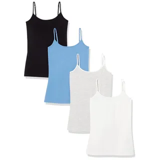 Amazon Essentials Damen Slim Fit Camisole 4er Pack Black/Blue/Grey Stripe/White, Large