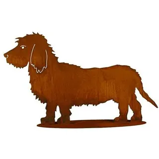 Klocke Dekoration Garten Figur - Hundedeko: Dackel auf Platte (Fester Stand) - Länge 70cm / Höhe 42cm - Edelrost Gartendekoration
