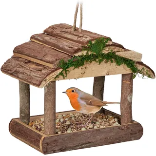 Relaxdays Vogelfutterhaus Holz, zum Aufhängen, HBT: 19 x 22 x 16,5 cm, Garten, Vogelfutterspender für Kleinvögel, Natur