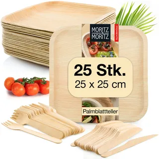 Moritz & Moritz Nachhaltiges Palmblatt Geschirrset für 25 Personen - 25 Teller Einweg 25 x 25 cm - 25 Holzbesteck Einweg - Alternative zu Bambusteller und Bambus Geschirrset