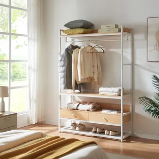 [en.casa] Kleiderständer Isen mit Kleiderstange Garderobenständer MDF offener Kleiderschrank mit 4 Ablagen und 2 Schubladen 180 x 120 x 40 cm Eicheoptik/Weiß