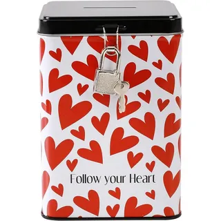 i-Total I-TOTAL® – Lustige Spardose mit Vorhängeschloss und Schlüssel, Sparbüchse aus Metall mit Verschluss (Follow Your Heart)