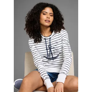 Sweatshirt KANGAROOS, Damen, Gr. 52/54, bunt (wollweiß, marine), Interlock, Obermaterial: 100% Baumwolle, bedruckt, geringelt, gestreift, kontrastfarbene Details, figurbetont hüftbedeckend, Rippbündchen mit Daumenlöchern, Sweatshirts Sweatshirt, Langarm mit Daumenlöchern, figurbetont, Stehkragen mit Kordelzug