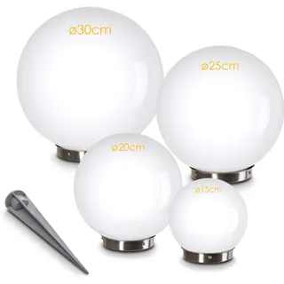 Solarleuchte Nassau, Kugellampe 4er Set, Kugelleuchten aus weißem Kunststoff, Ø 15, 20, 25 und 30 cm mit Erdspiess, Außenleuchten mit Ein/Aus-Schalter, Solarlampen mit Dämmerungsschalter