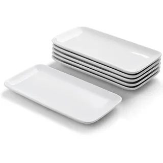 WishDeco Rechteckige Teller 6er Set, Servierplatte Klein 23x12 cm | Dessertteller Rechteckig Länglich, Servierteller Porzellan Weiß für Antipasti, Dessert, Kuchen, Sushi, Salat