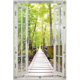 Wallario Outdoor-Poster für Garten oder Balkon 80 x 120 cm: Spaziergang im Wald Holzweg über einen Fluss - Gelb