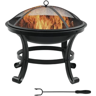 Outdoor Feuerstelle - Stahl Feuerschale - Ø55 cm rund, 50 cm hoch - Mit Funkenschutz - Für Garten & Terrasse - Schwarz