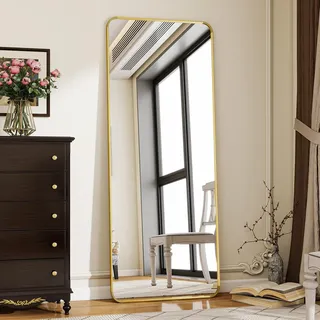 Koonmi Standspiegel mit abgerundeten Ecken, 58 x 168 cm Ganzkörperspiegel mit Ständer, großer Fußboden Standspiegel Ganzkörperspiegel Wand Hänger für Schlafzimmer, Wohnzimmer, Gold