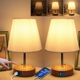 Nachttischlampe, 2 Kegel Tischlampe mit Kabel Ladefunktion für Schlafzimmer