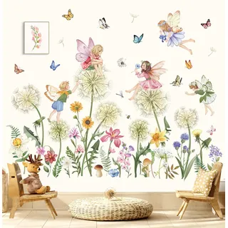 wondever Wandtattoo Pusteblume Fee Wandaufkleber Löwenzahn Blumen Elfen Schmetterling Wandsticker Wanddeko für Mädchenzimmer Kinderzimmer Babyzimmer