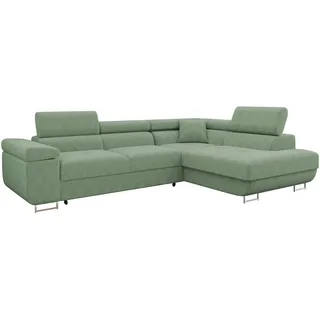 Mirjan24 Ecksofa Torezio Cord, Stilvoll Eckcouch mit Bettkasten und Schlaffunktion, Einstellbare Kopfstützen, 274x203x70-90 cm (Farbe: Poso 47, Seite: Rechts) - Grün