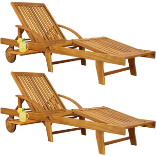Gartenliege 2er-Set Akazienholz klappbar mit Ausziehtisch und Rollen