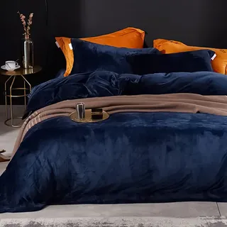 Michorinee Winter Plüsch Bettwäsche Set 155x220 Cashmere Touch Flauschig & Warme Coral Fleece Uni Bettbezug mit Reißverschluss - Dunkelblau | 155 x 220 cm + 80 x 80 cm
