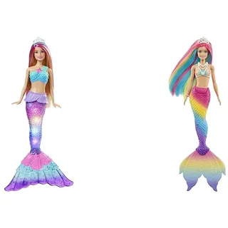 Barbie HDJ36 - Malibu Zauberlicht Meerjungfrau Puppe (30 cm, Blonde Haare), ab 3 Jahren & GTF89 - Dreamtopia Regenbogenzauber Meerjungfrauen-Puppe von 3 bis 7 Jahren