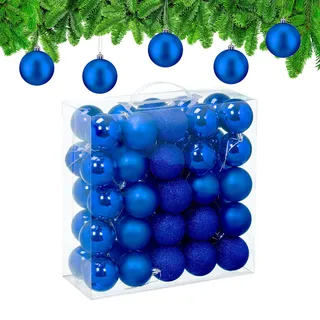Relaxdays Weihnachtskugeln im 50er Set, Kunststoff, D: 6 cm, runde Weihnachtsbaumdeko, Baumschmuck bruchsicher, blau